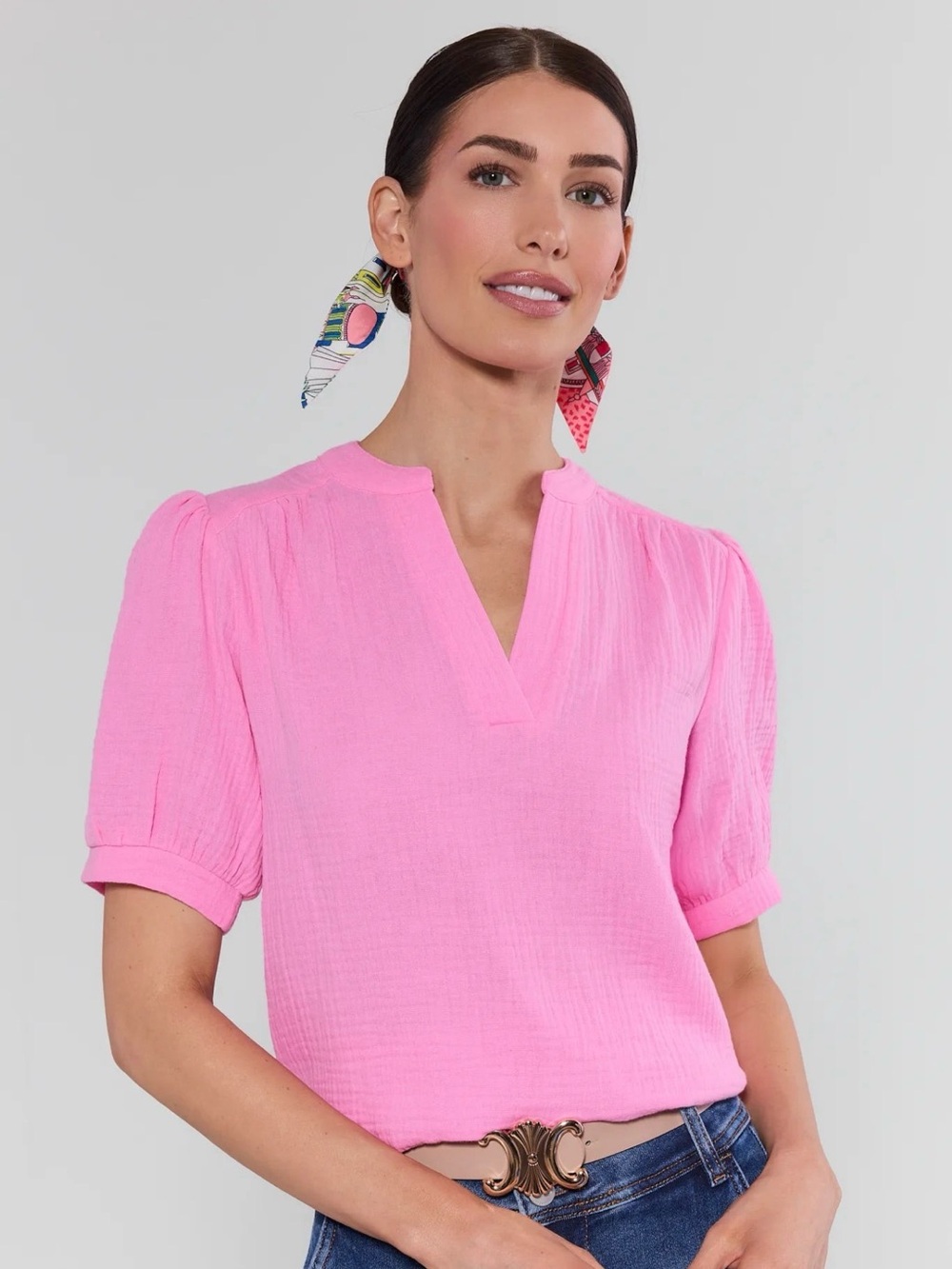 Avara Tammy Pink Gauze Puff Sleeve Top 100% Cotton